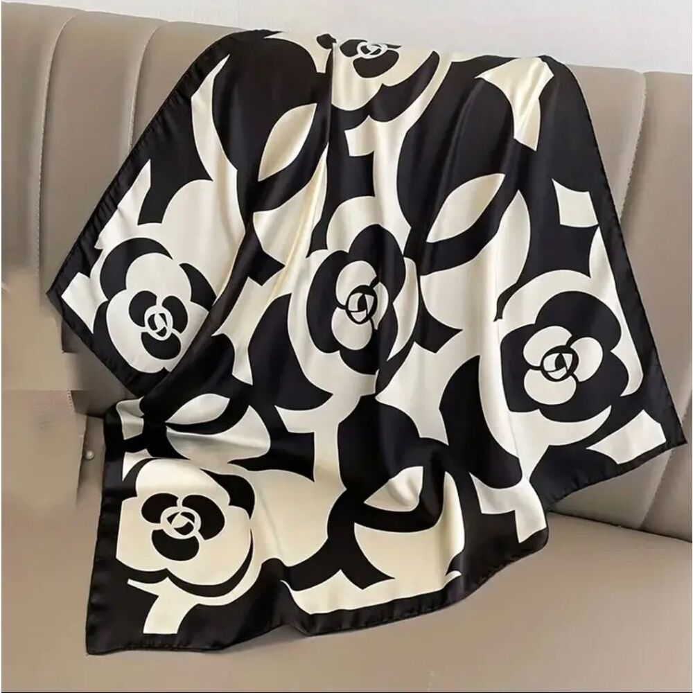 Luxurious Elegant Black & White Camellia Flower Scarf, Head Wrap